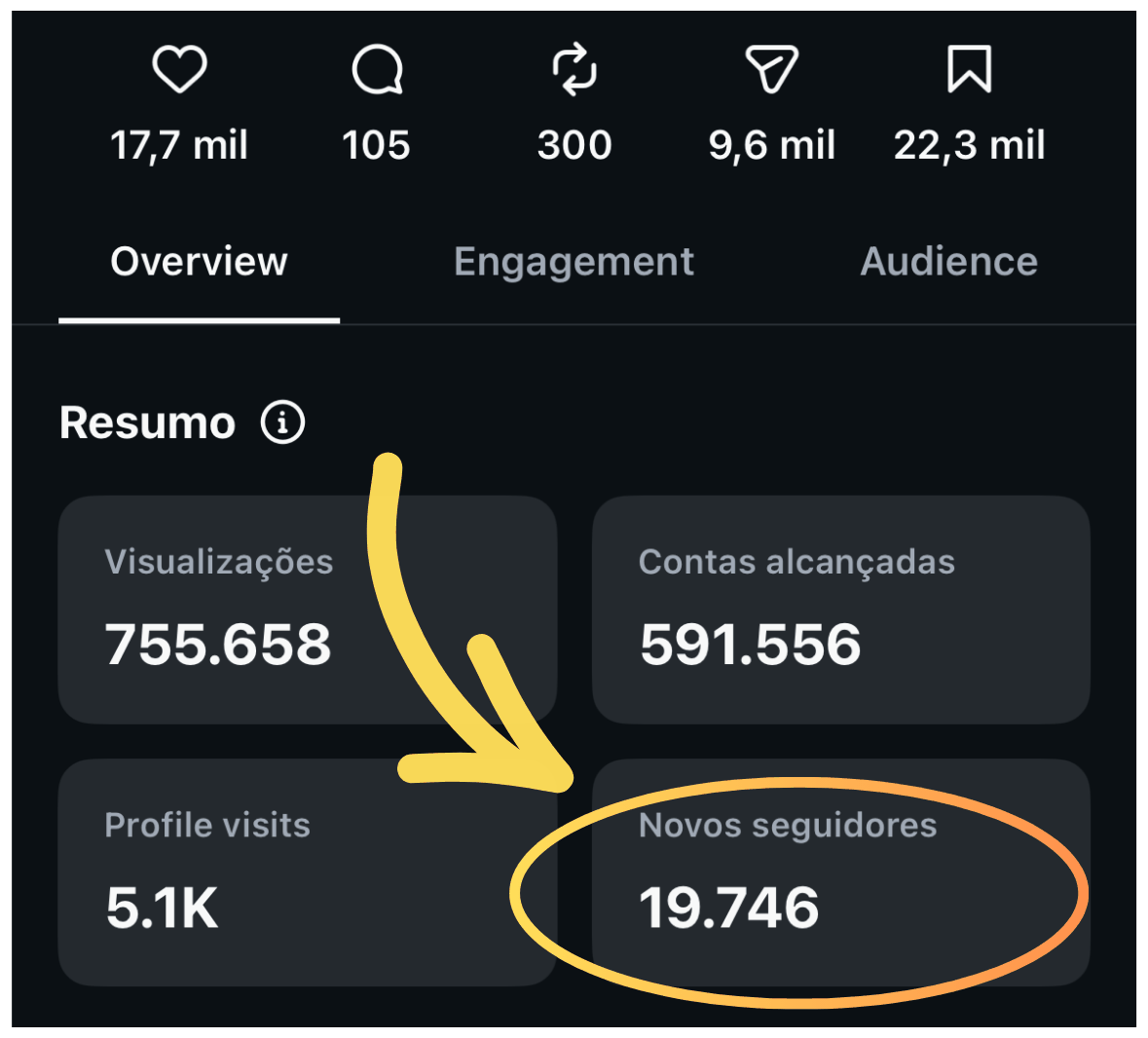 Métricas do Instagram: 755.658 visualizações, 591.556 contas alcançadas,
                    5,1 mil visitas ao perfil e 19.746 novos seguidores.